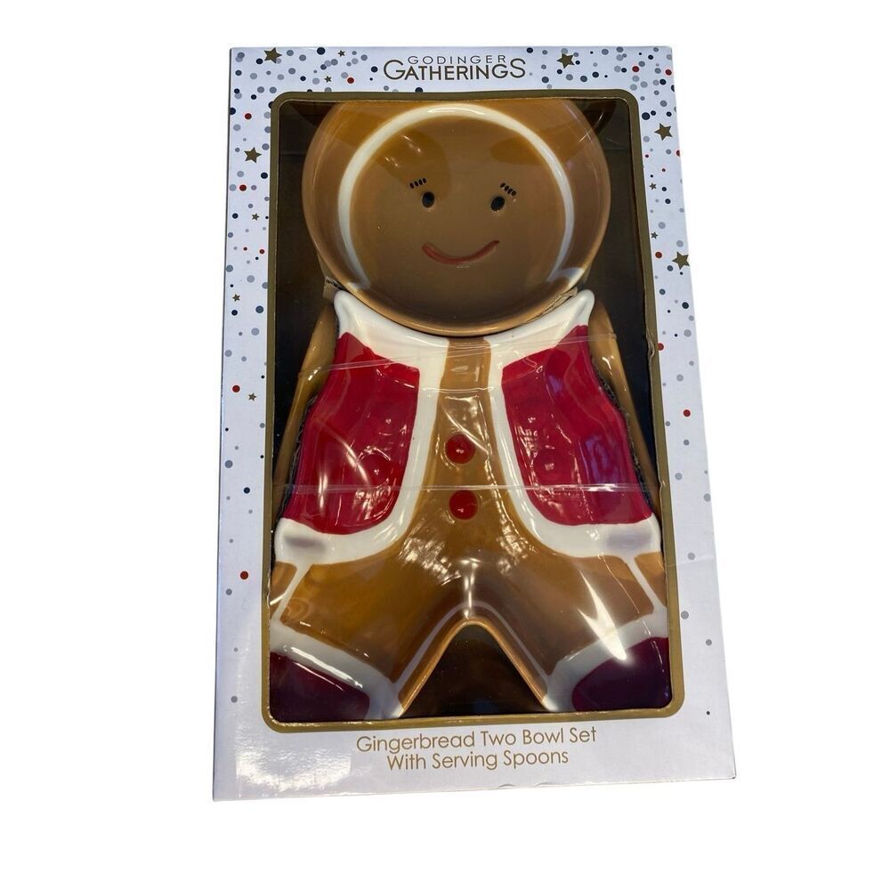 Godinger Gingerbread Serving Bowl Set With Spoons Christmas Ceramic 11in Holiday